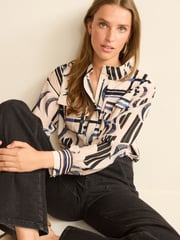 Ecru Cream Geo Check Zip Front Utility Pocket Blouse - Image 1 of 5