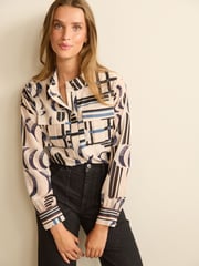 Ecru Cream Geo Check Zip Front Utility Pocket Blouse - Image 2 of 5