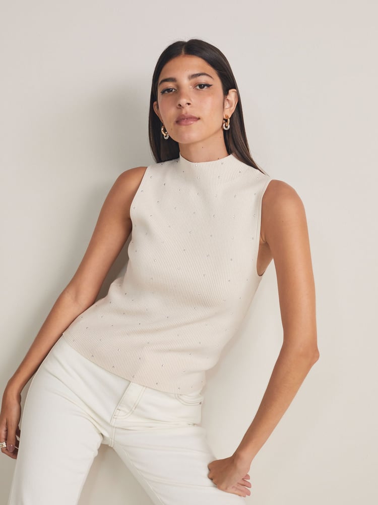 Ecru Cream Gem Knitted High Neck Tank Vest - Image 1 of 6