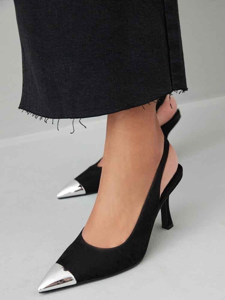 Black Forever Comfort® Metallic Toe Slingback Heels - Image 2 of 9 Black Forever Comfort® Metallic Toe Slingback Heels - Image 2 of 9