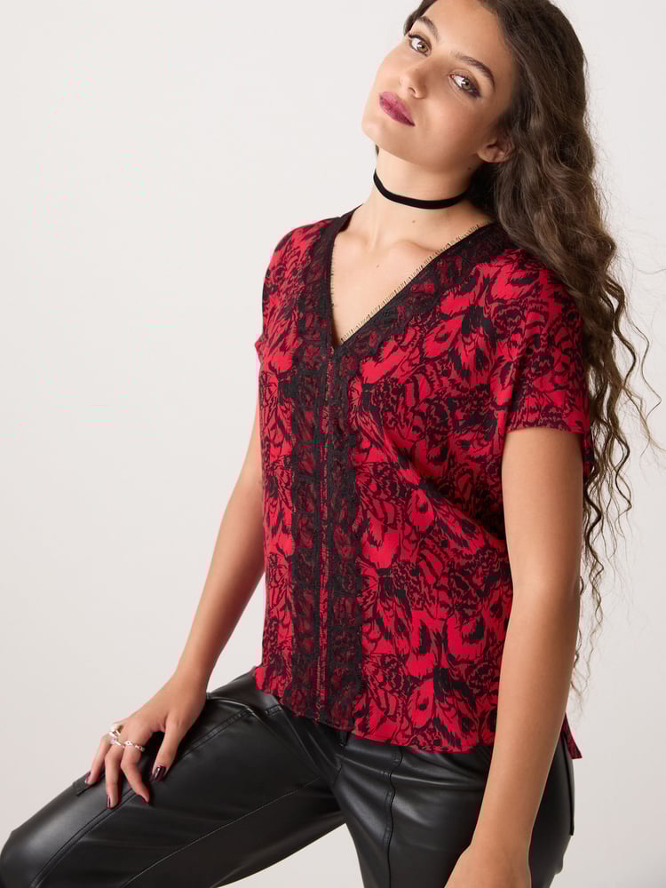 Red and Black Feather Print Short Sleeve Lace Trim Top - Image 1 of 6 Red and Black Feather Print Short Sleeve Lace Trim Top - Image 1 of 6
