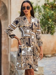 Sosandar Cream Scarf Print Fit and Flare Ruched Sleeve Shirt Dress - Image 1 of 6