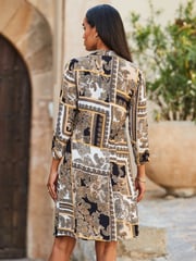 Sosandar Cream Scarf Print Fit and Flare Ruched Sleeve Shirt Dress - Image 3 of 6