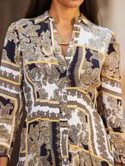 Sosandar Cream Scarf Print Fit and Flare Ruched Sleeve Shirt Dress - Image 6 of 6