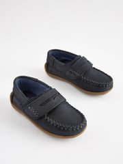 Navy Wide Fit (G) Leather Penny Loafers with Touch and Close Fastening - Image 1 of 7