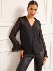 Black V-Neck Long Sleeve Blouse - Image 1 of 6
