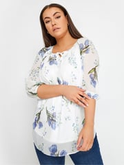 Yours Curve White Floral Print Tie Neck Blouse - Image 1 of 4