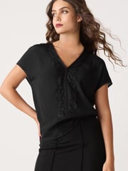 Black Short Sleeve Lace Trim Top - Image 1 of 6