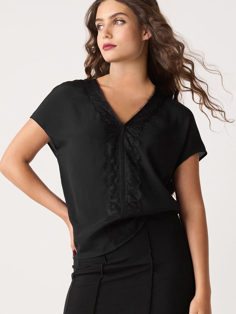 Black Short Sleeve Lace Trim Top - Image 1 of 6 Black Short Sleeve Lace Trim Top - Image 1 of 6