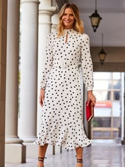 Sosandar White Petite Spot Print Keyhole Detail Belted Fit & Flare Dress - Image 1 of 5