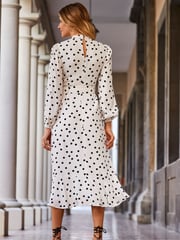 Sosandar White Petite Spot Print Keyhole Detail Belted Fit & Flare Dress - Image 2 of 5