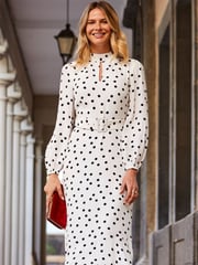 Sosandar White Petite Spot Print Keyhole Detail Belted Fit & Flare Dress - Image 3 of 5