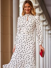 Sosandar White Petite Spot Print Keyhole Detail Belted Fit & Flare Dress - Image 4 of 5
