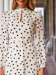 Sosandar White Petite Spot Print Keyhole Detail Belted Fit & Flare Dress - Image 5 of 5