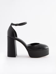 Black Signature Leather Platform Closed Toe Heels - Image 2 of 5