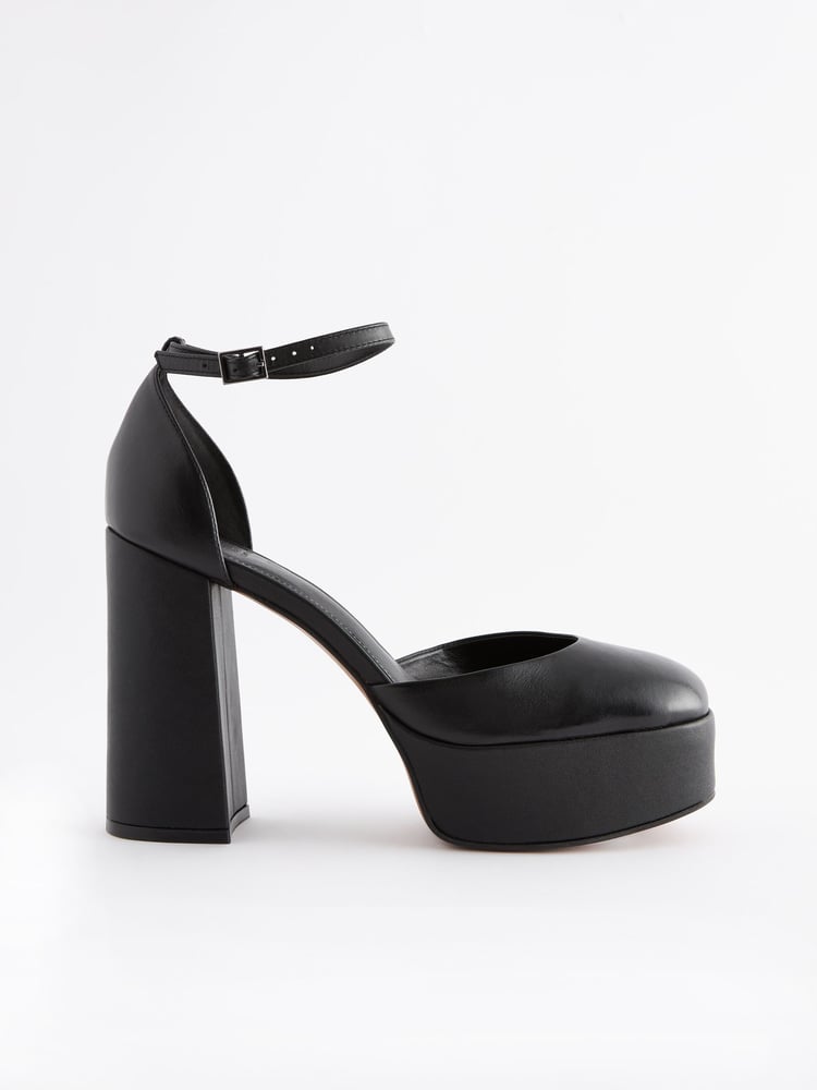 Black Signature Leather Platform Closed Toe Heels - Image 2 of 5