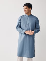 Dusky Blue Regular Fit Cotton Round Neck Kurta - Image 1 of 5