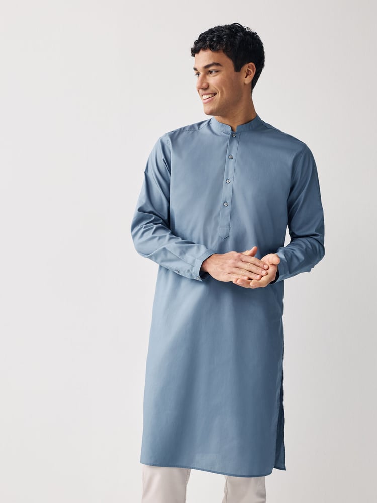 Dusky Blue Regular Fit Cotton Round Neck Kurta - Image 1 of 5