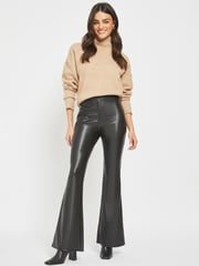 NOISY MAY Black Faux Leather Flared Trousers - Image 1 of 4