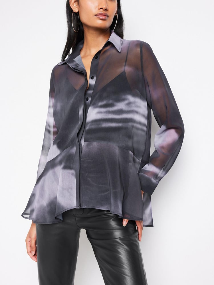 Blue/Black Abstract Printed Flutter Hem Long Sleeve Blouse - Image 1 of 6