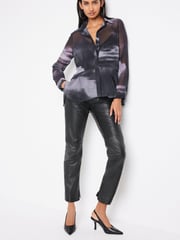 Blue/Black Abstract Printed Flutter Hem Long Sleeve Blouse - Image 2 of 6