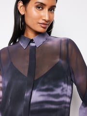Blue/Black Abstract Printed Flutter Hem Long Sleeve Blouse - Image 4 of 6