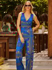 Sosandar Dark Blue Wrap Front Wide Leg Jumpsuit - Image 1 of 5