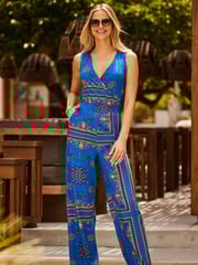 Sosandar Dark Blue Wrap Front Wide Leg Jumpsuit - Image 3 of 5