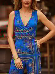 Sosandar Dark Blue Wrap Front Wide Leg Jumpsuit - Image 4 of 5