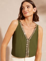 Love & Roses Khaki Green Trim Detail V Neck Vest Top - Image 1 of 4