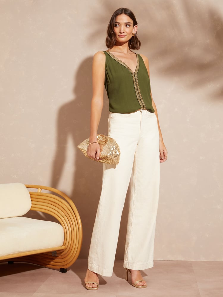 Love & Roses Khaki Green Trim Detail V Neck Vest Top - Image 4 of 4