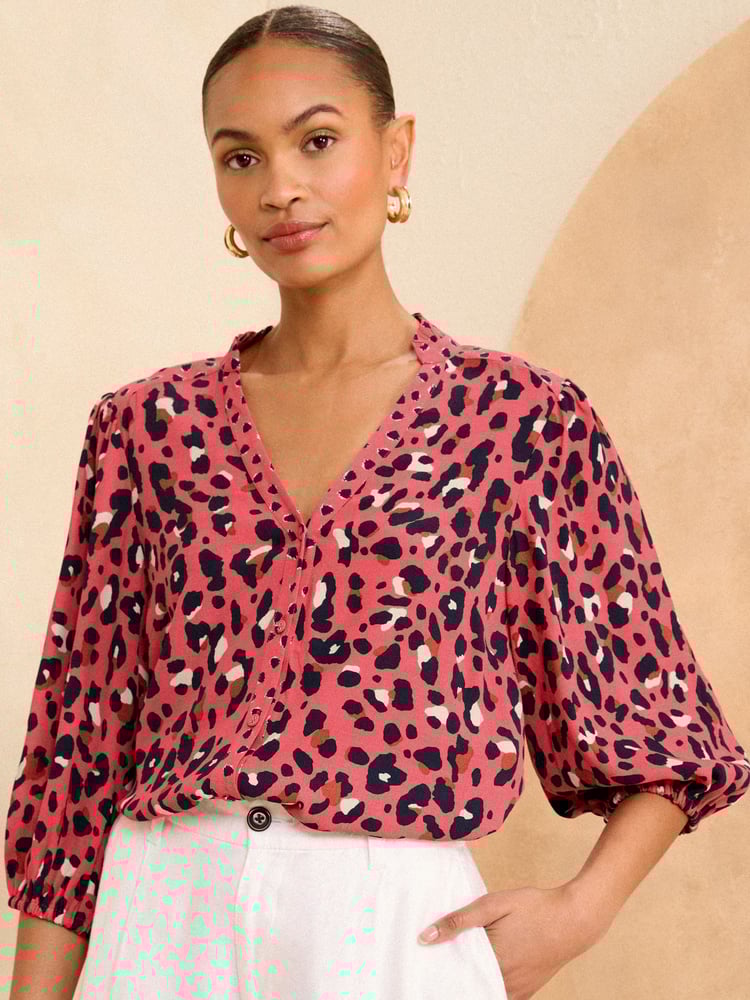 Love & Roses Pink Petite Ruffle V Neck 3/4 Sleeve Button Through Blouse - Image 1 of 4