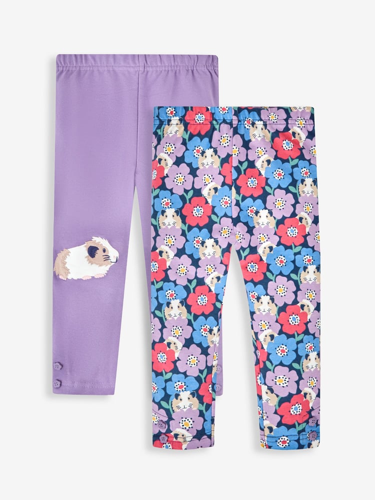 JoJo Maman Bébé Lilac Purple Guinea Pig & Floral Girls' 2-Pack Leggings - Image 1 of 6