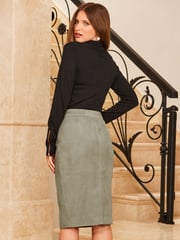 Sosandar Green Suede Popper Front Pencil Skirt - Image 2 of 5