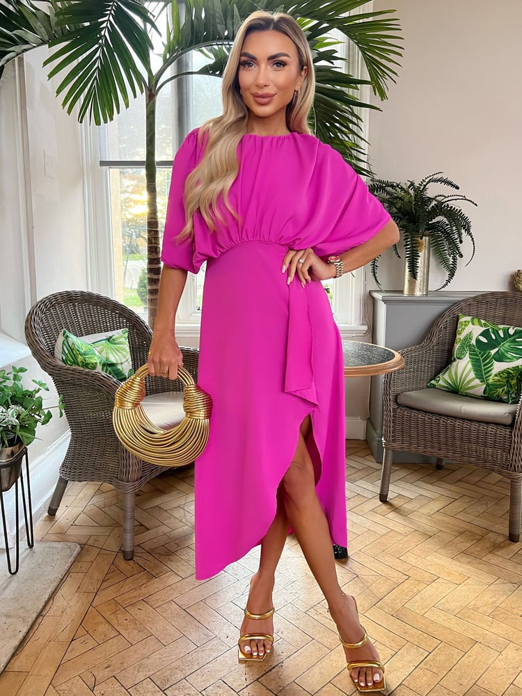 AX Paris Pink Hot Batwing Top Wrap Skirt Midi Dress - Image 1 of 4