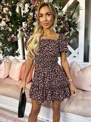 AX Paris Red Multi Floral Printed Puff Sleeve Frill Detail Mini Dress - Image 3 of 4