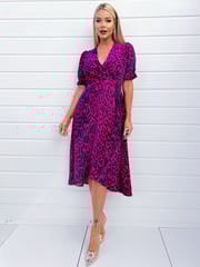 AX Paris Purple Cerise And Navy Animal Print Wrap Midi Dress - Image 1 of 4