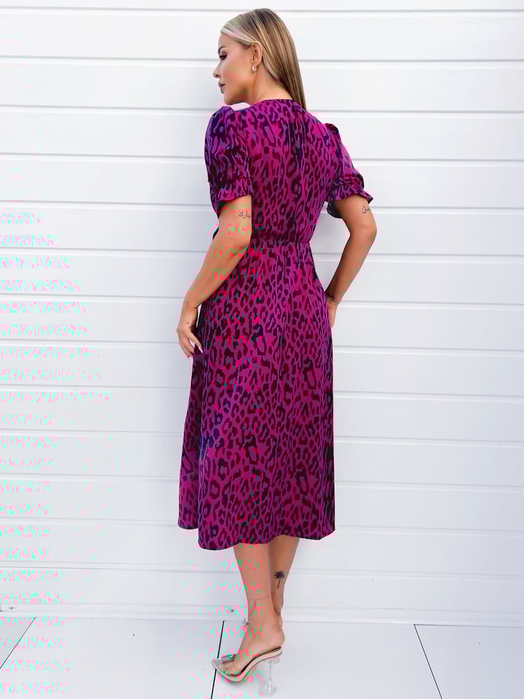 AX Paris Purple Cerise And Navy Animal Print Wrap Midi Dress - Image 2 of 4