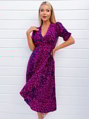 AX Paris Purple Cerise And Navy Animal Print Wrap Midi Dress - Image 4 of 4