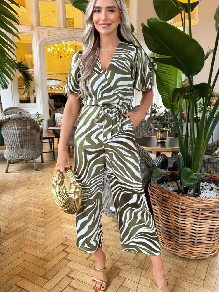 AX Paris Printed Butterfly Sleeve Belted Jumpsuit - Image 1 of 4