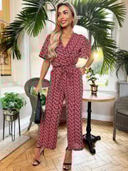 AX Paris Printed Butterfly Sleeve Belted Jumpsuit - Image 1 of 4