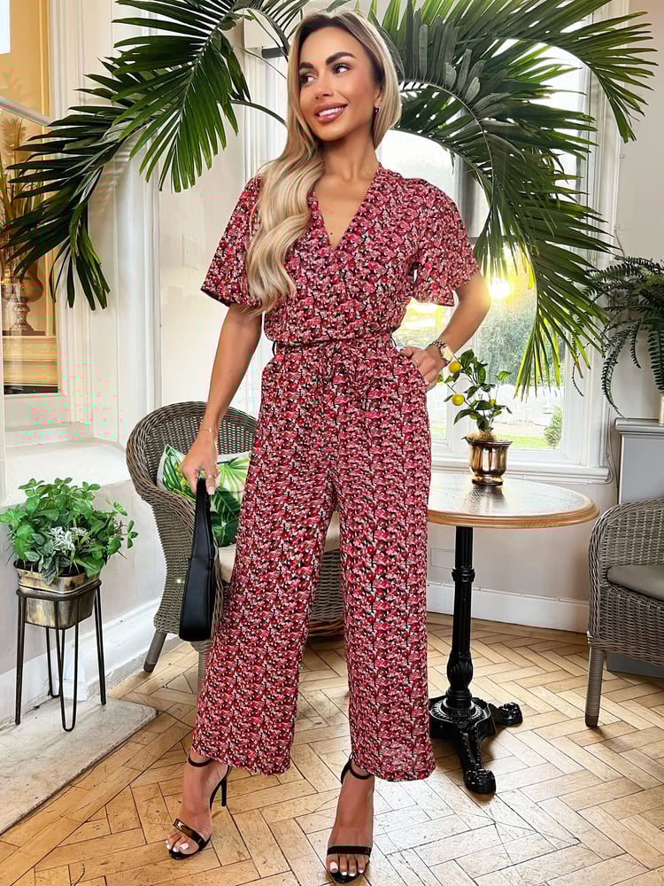 AX Paris Printed Butterfly Sleeve Belted Jumpsuit - Image 1 of 4