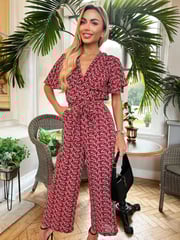 AX Paris Printed Butterfly Sleeve Belted Jumpsuit - Image 2 of 4