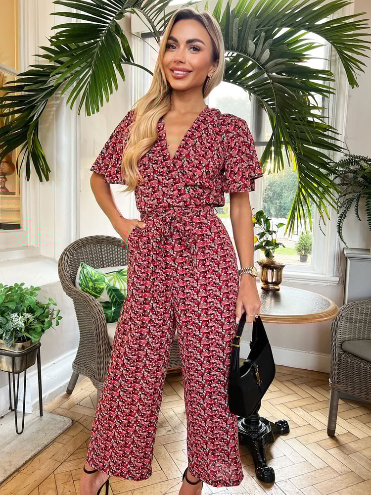 AX Paris Printed Butterfly Sleeve Belted Jumpsuit - Image 2 of 4