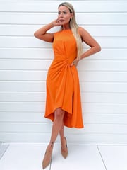 AX Paris Orange Gathered Midi Dress With Shoulder Pads - Image 3 of 4
