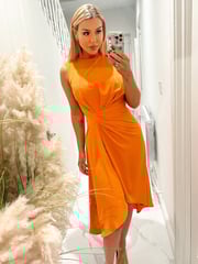 AX Paris Orange Gathered Midi Dress With Shoulder Pads - Image 4 of 4