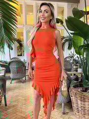 AX Paris Ruched Asymmetrical Frill Midi Dress With Flower Detail - Image 3 of 4