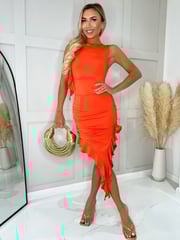AX Paris Ruched Asymmetrical Frill Midi Dress With Flower Detail - Image 4 of 4