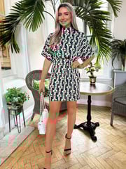 AX Paris Green Geometric Multi Printed High Neck Short Sleeved Mini Dress - Image 4 of 4