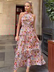AX Paris Multi Print High Neck Tie Belt Midi Dress - Image 1 of 4